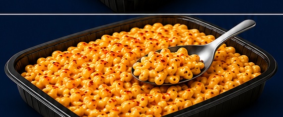Five-cheese macaroni and cheese in a family-size black tray with spoon